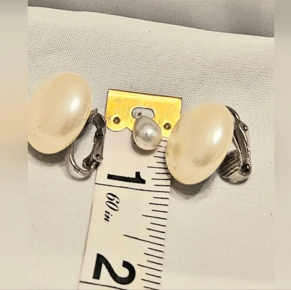 Vintage Faux Pearl Clip-On Earrings, Silver Tone, Classic Button Style